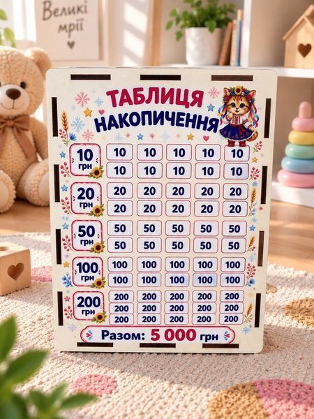 Детская копилка для денег 5 000 грн &laquo;Моя первая копилка&raquo; с котиком и таблицей накопления SK-5000-CAT-UA фото
